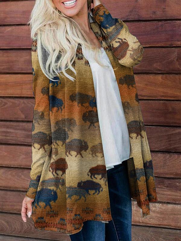 Vintage Western Buffalo Print Casual Cardigan