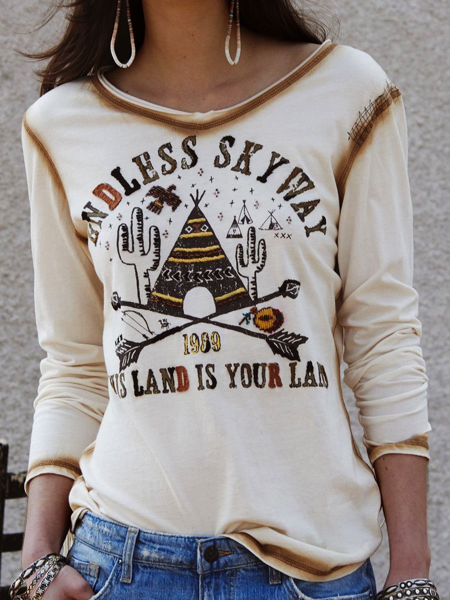 Western Style Alphabet Cactus Print Long Sleeve Round Neck T-Shirt