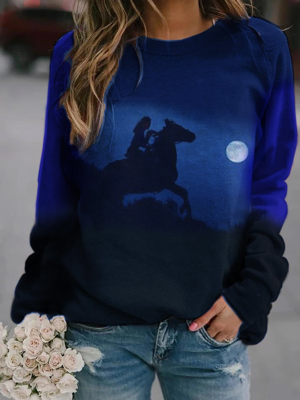 Women's Horse&girl Moon Night Print Sweatshirt