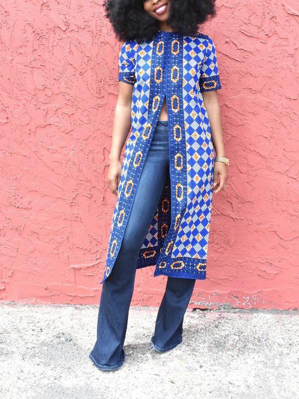 Ethnic Printed Short-sleeved Split Top