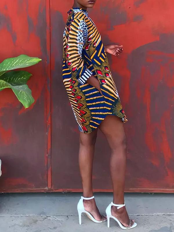 Ethnic print loose round neck pocket stitching dress