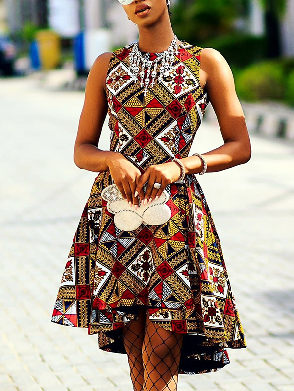 Ethnic print slim sleeveless dress