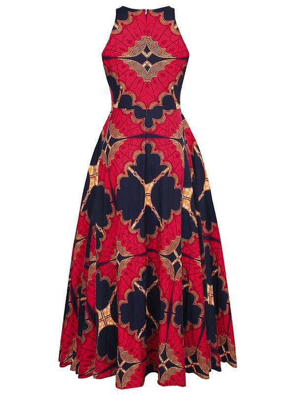 Women's Round Neck Sleeveless Ethnic Print Dress