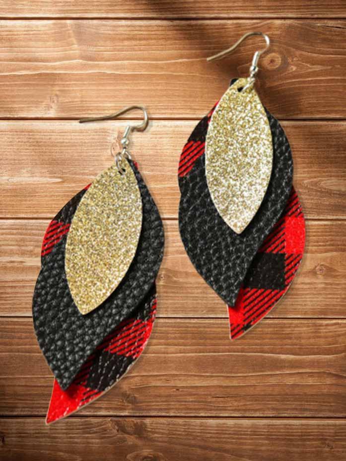 Plaid Sequined Leaf Multi-Layered Leather Earrings