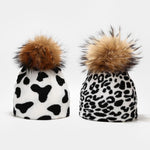 Load image into Gallery viewer, Cow leopard pattern knitted hat women autumn and winter outdoor warmth real hair ball knitted hat tide
