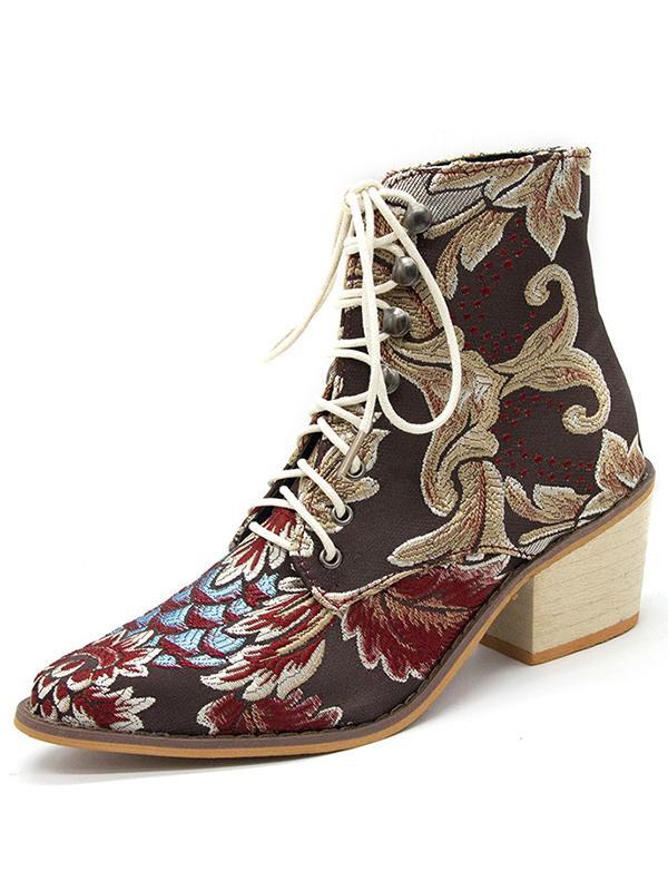Ladies Embroidered Print Block Heel Shoes