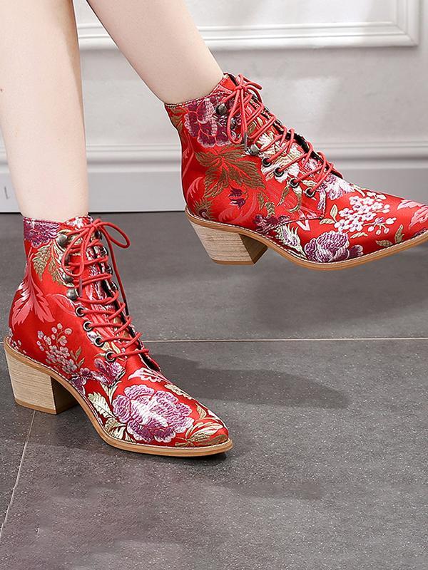 Ladies Embroidered Print Block Heel Shoes