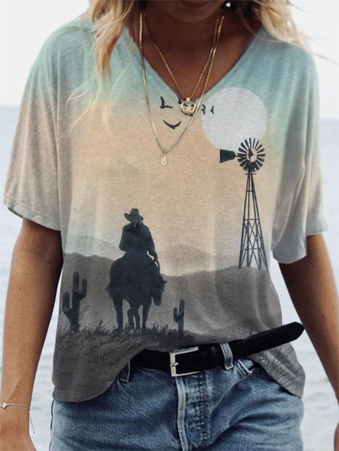 Women's Western Style Horse Denim Print T-shirt