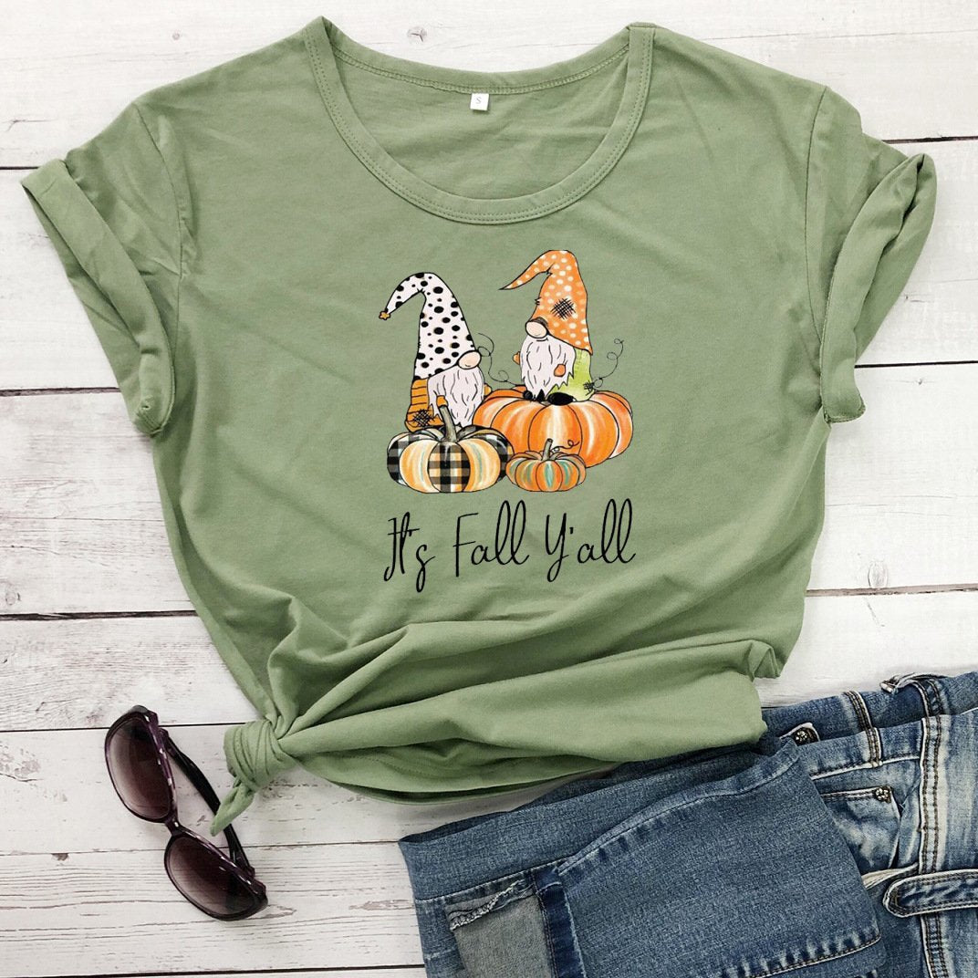 Women's Thanksgiving Fall Plaid Pumpkin Gnomies Print T-shirt
