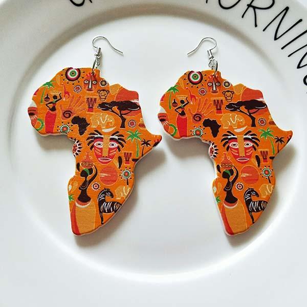 Patterned geometric map wooden earrings