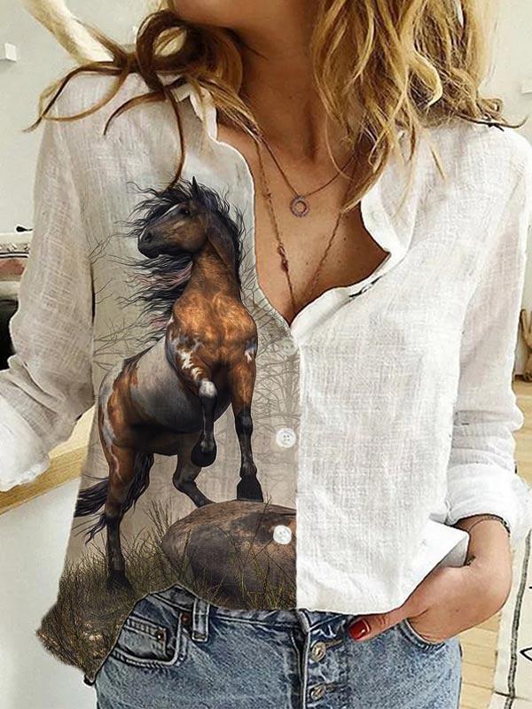 Ladies western style horse print long sleeve shirt