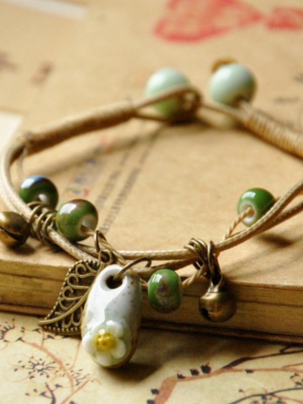 Women's hand-woven ethnic ceramic beads flower bracelet