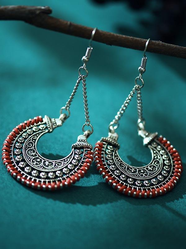 Women's Retro Ethnic Fan Shaped Threaded Long Earrings