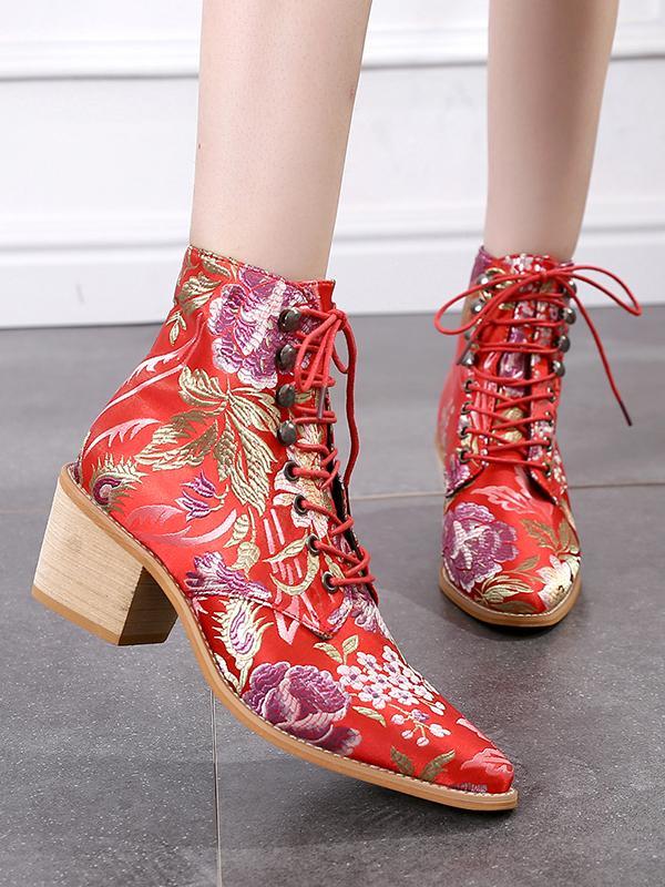 Ladies Embroidered Print Block Heel Shoes