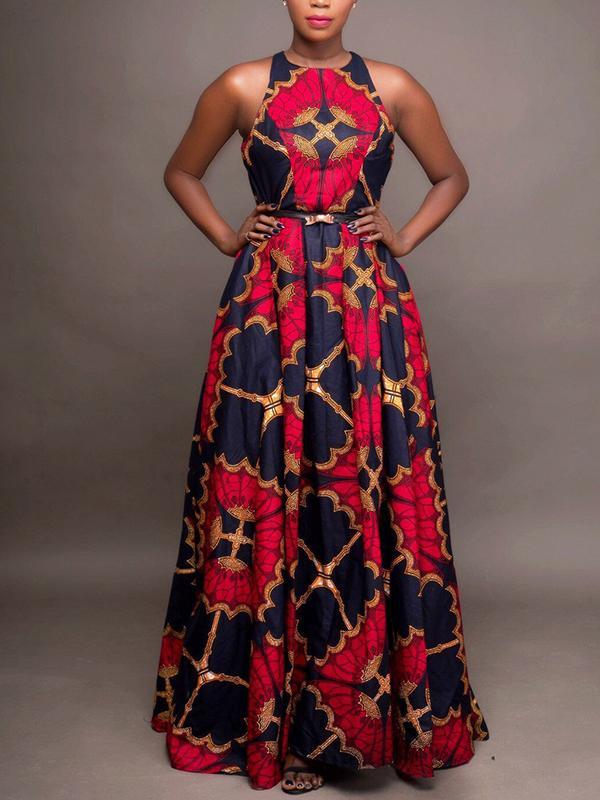 Women's Round Neck Sleeveless Ethnic Print Dress