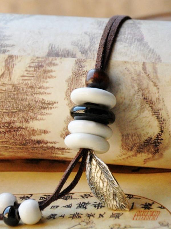 Retro ethnic ceramic sweater chain leaf necklace women's pure knit sweater chain