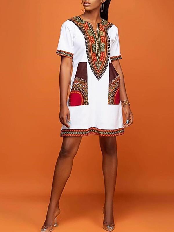 Elegant loose V-neck dress with ethnic print