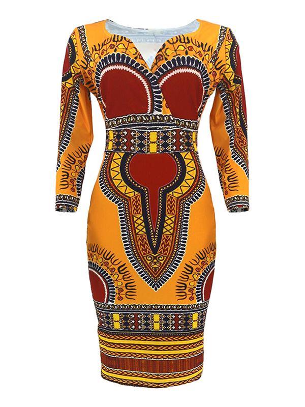Women's African Ethnic Style 3/4-Sleeve V-Neck Dress