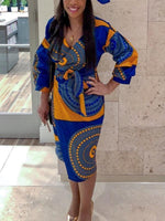 Load image into Gallery viewer, Ethnic V-neck lantern sleeve waist dress
