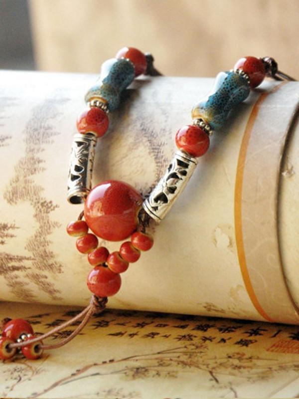Women's hand-woven ethnic ceramic beads long necklace sweater chain