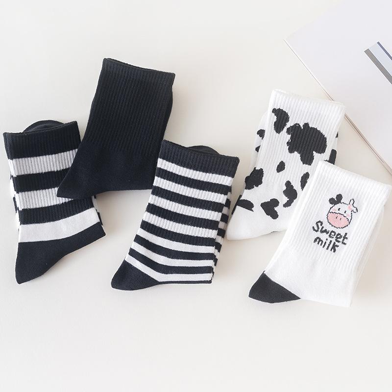 Women's Black and white cow striped black all-match sports stockings