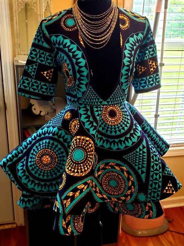 Ladies Elegant African Print Deep V-neck Sexy Dress