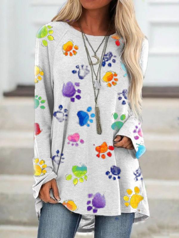 Women's tie-dye color dog paw round neck T-shirt