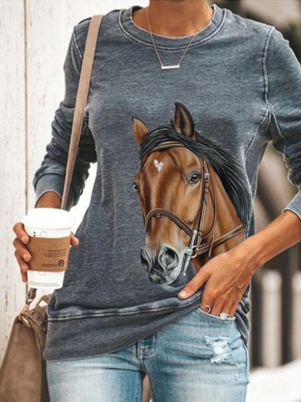 Ladies horse print crew neck sweatshirt