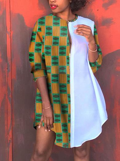 Casual stitching printed long-sleeved shirt dress