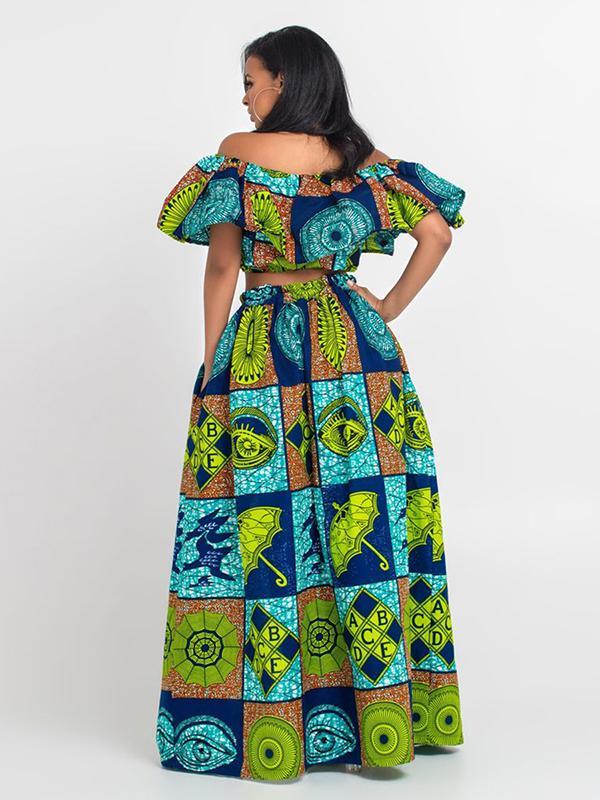 Women's Fashion Word Shoulder Ethnic Print Two-piece Set