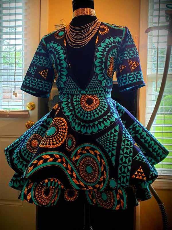 Ladies Elegant African Print Deep V-neck Sexy Dress