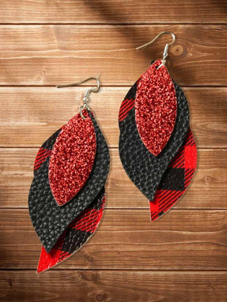 Plaid Sequined Leaf Multi-Layered Leather Earrings