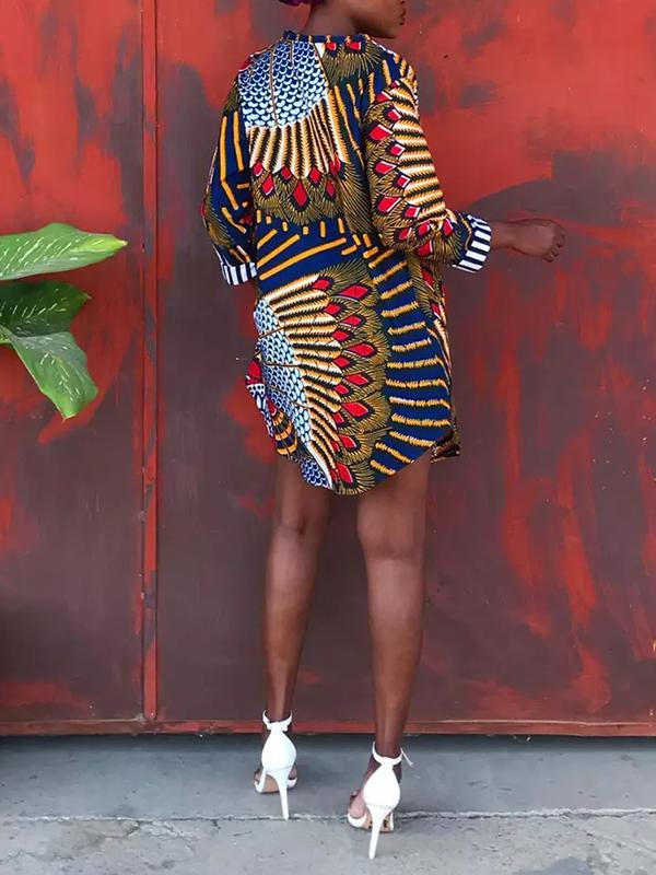 Ethnic print loose round neck pocket stitching dress