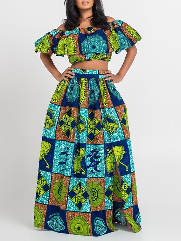 Women's Fashion Word Shoulder Ethnic Print Two-piece Set
