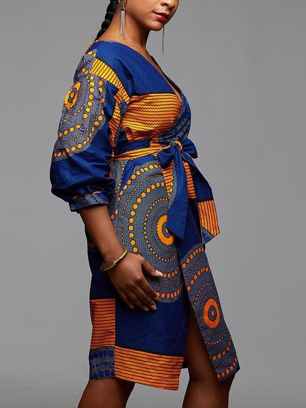 Ethnic V-neck lantern sleeve waist dress