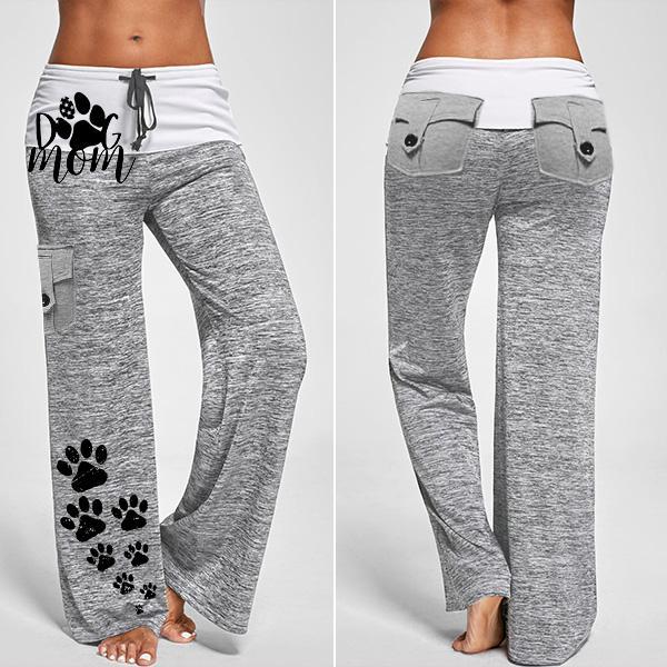 Women's Dog Mom's Paw Print Drawstring Pockets Stretch Wide Leg Yoga Pants