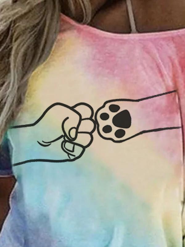 Casual fist and dog paw print color tie-dye T-shirt