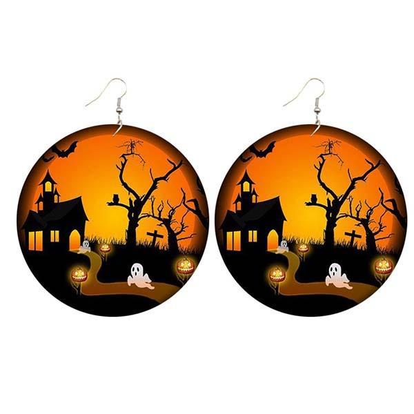 Halloween wooden pumpkin castle bat ghost earrings