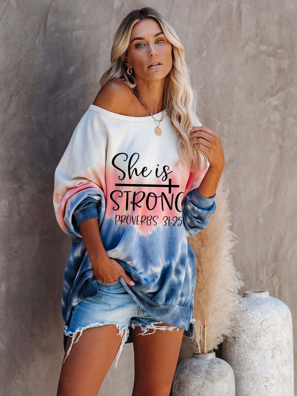 She Is Strong Proverbs 31:25 Printed Tie-Dye Long-Sleeved T-Shirt