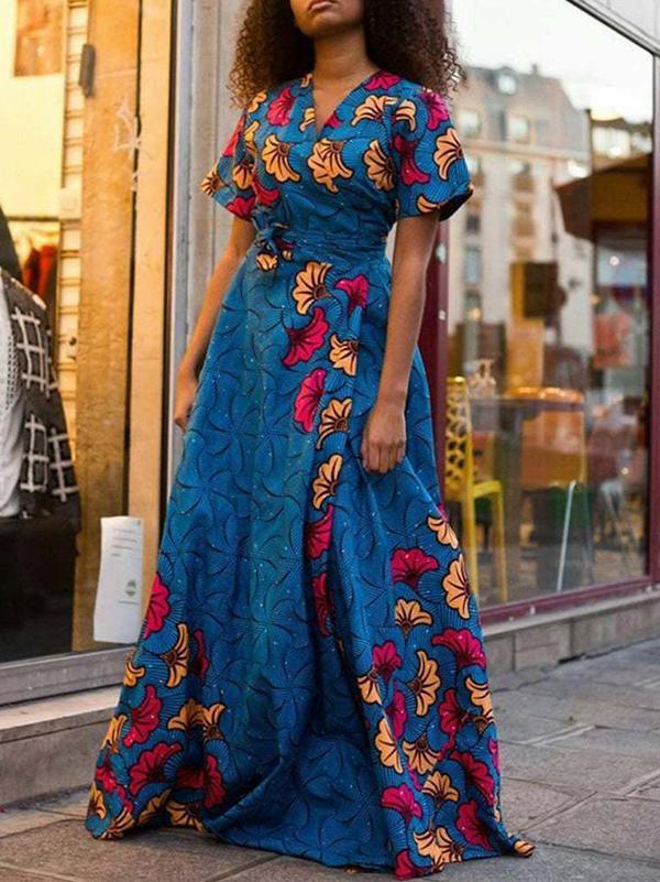 Ethnic Print V-neck Short Sleeve Dress