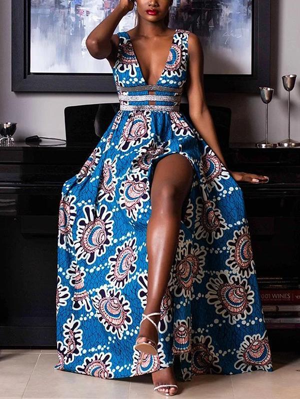 Women's Vintage African Printed V-Neck Dress