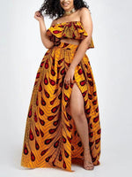 Load image into Gallery viewer, Fashion African Print Slotted Neck Top Split Long Skirt Two Piece Set
