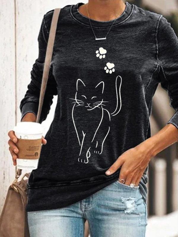 Ladies cat and paw print crew neck sweatshirt