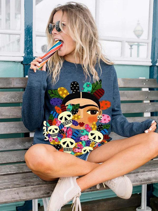 Women' Frida Kahlo Skullflower Art Portrait Print Sweatshirt