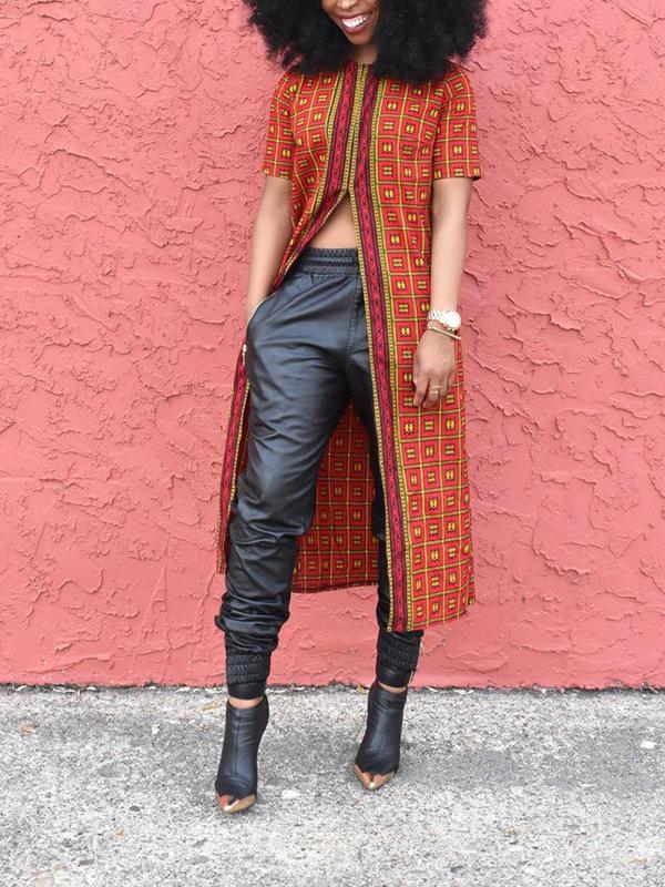 Ethnic Printed Short-sleeved Split Top