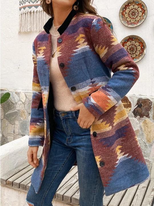 Casual printed long-sleeved woolen trench coat