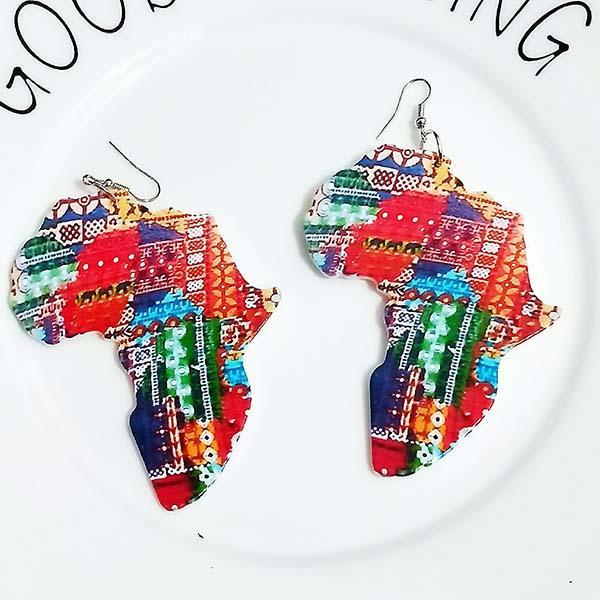 Patterned geometric map wooden earrings