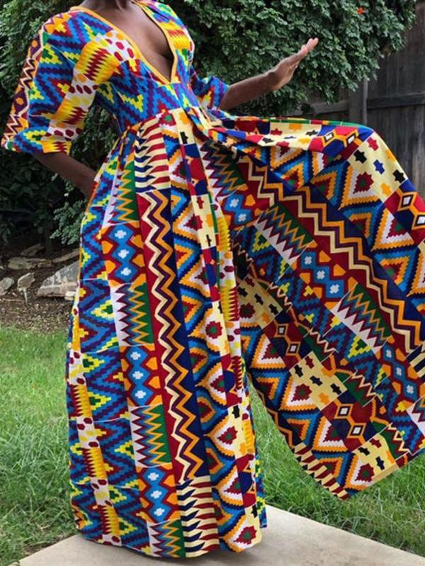 Sexy Ethnic Printed V-neck Mid-sleeved Jumpsuit