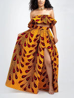 Load image into Gallery viewer, Fashion African Print Slotted Neck Top Split Long Skirt Two Piece Set

