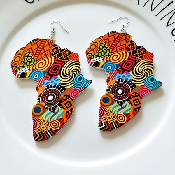 Map Pattern Geometric Round Wooden Earrings
